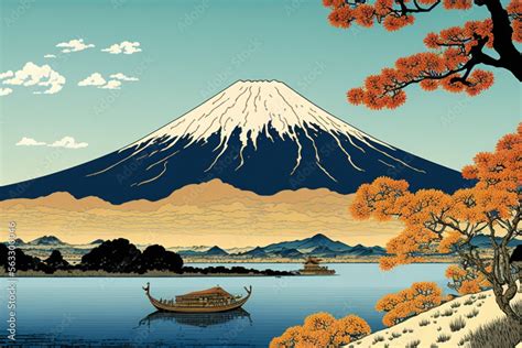 Mount Fuji Japanese Art Ukiyo E Mountain Generative Ai Stock