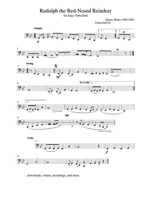Rudolph The Red Nosed Reindeer For Easy Tuba Solo Johnny Marks