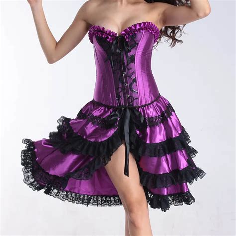 Purple Satin Black Lace Ruffles Steampunk Victorian Dresses Corsets And