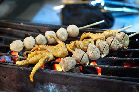 Grilled Squid And Pig Intestines Typical Hong Kong Street Food Stock