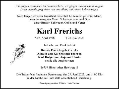 Traueranzeigen Von Karl Frerichs Nordwest Trauer De