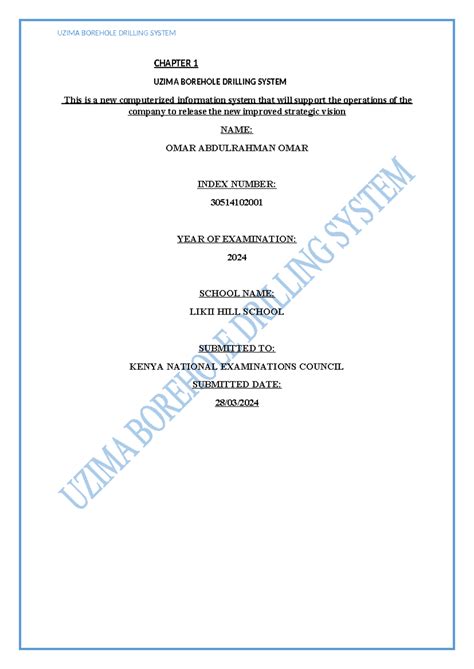 Uzima Borehole Drilling System Chapter 1 Uzima Borehole Drilling