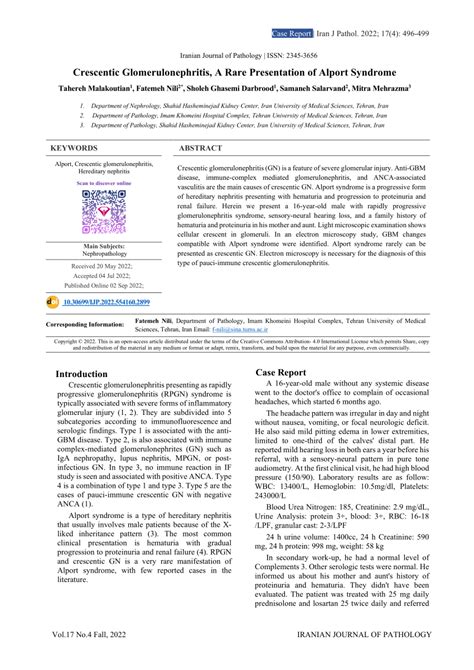 Pdf Crescentic Glomerulonephritis A Rare Presentation Of Alport Syndrome
