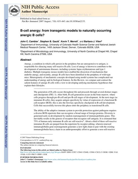 (PDF) B-cell anergy: From transgenic models to naturally occurring anergic B cells?