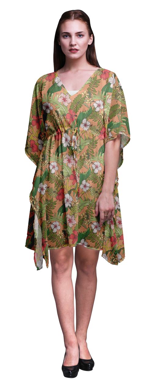 Bimba Light Peach Floral Tropical Leaves Womens Short Beach Kaftan Beachwear Bikini Coverup