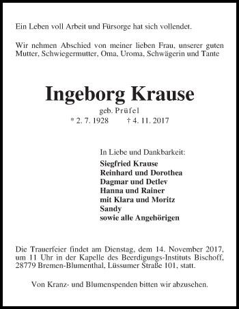 Traueranzeigen Von Ingeborg Krause Trauer Gedenken