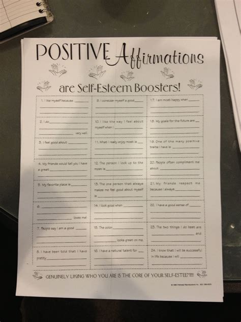 Writing Self Esteem Affirmations Worksheet