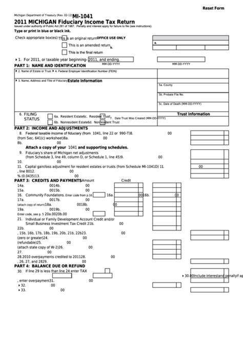 Fillable Form Mi 1041 Michigan Fiduciary Income Tax Return 2011 Printable Pdf Download