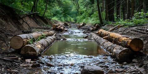 Visual Of Deforested Area With Water Drainage Ditch And Felled Logs