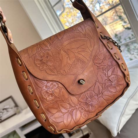 80s 90s Vintage Leather Hand Tooled Purse Bag Depop