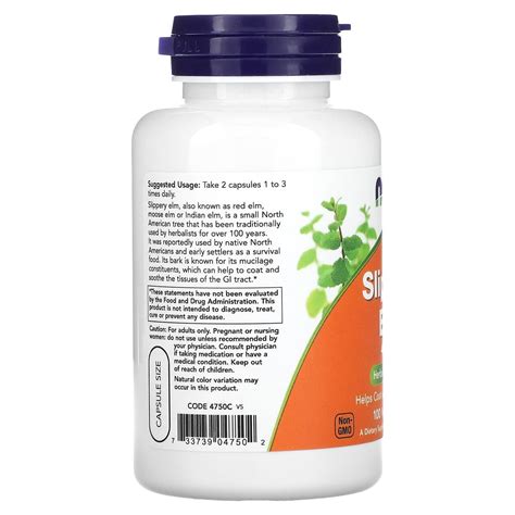 NOW Foods, Скользкий вяз (Slippery Elm), 400 мг, 100 растительных ...