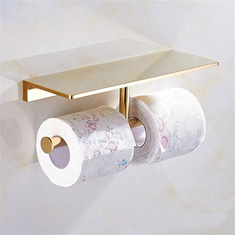 Gold Luxury Polished Antique Brass Double Toilet Paper Holder With Shelf