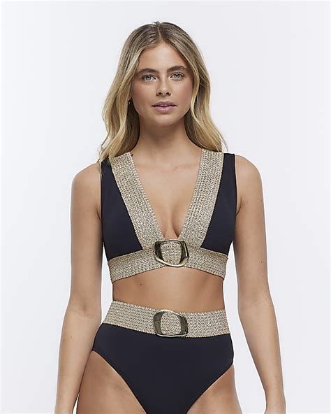 Black Plunge Buckle Bikini Top River Island