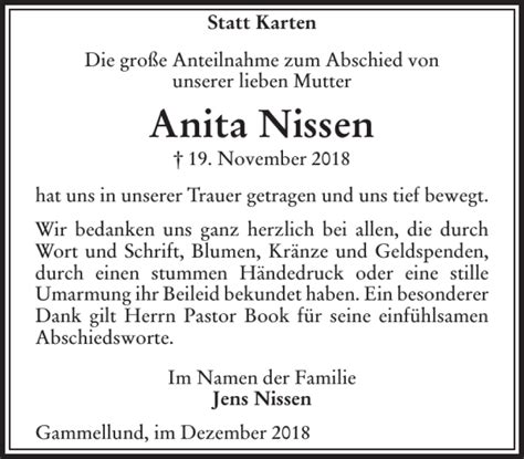 Traueranzeigen Von Anita Nissen Sh Z Trauer