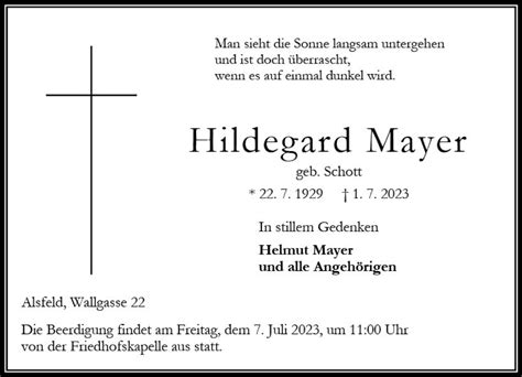 Traueranzeigen Von Hildegard Mayer Vrm Trauer De