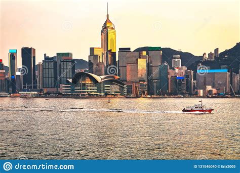 Water Boat At Victoria Harbor In Hong Kong Sunset View From Kowloon On