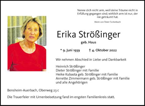 Traueranzeigen von Erika Strößinger Trauerportal Ihrer Tageszeitung