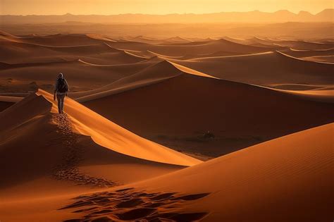 Un Hombre Camina Por El Desierto Al Atardecer Foto Premium