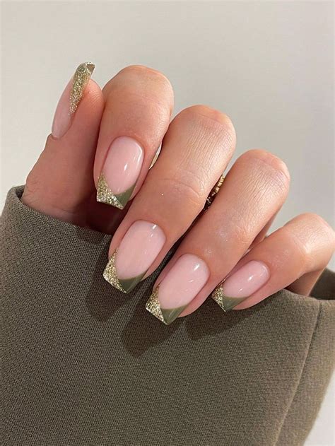 Pcs Set Short Square Nude Color False Nails With Golden Edge Including Jelly Glue Nail