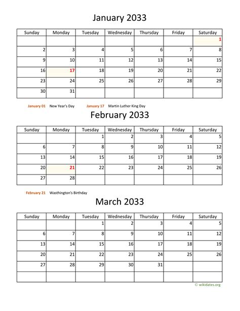 Printable 2033 Calendar | WikiDates.org