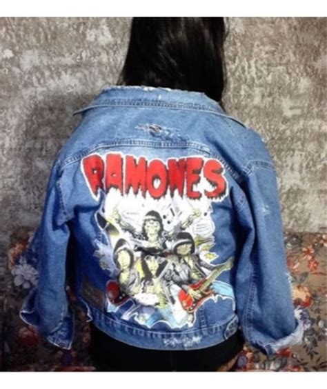 Jaqueta Jeans Ramones Banda Rock Destroyed Rasgos Casaco Feminino