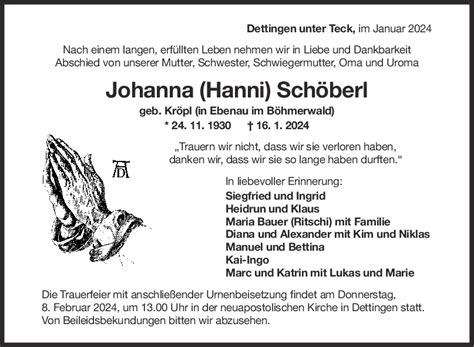 Trauer Johanna Schöberl 05 02 2024 Teckbote Trauerportal