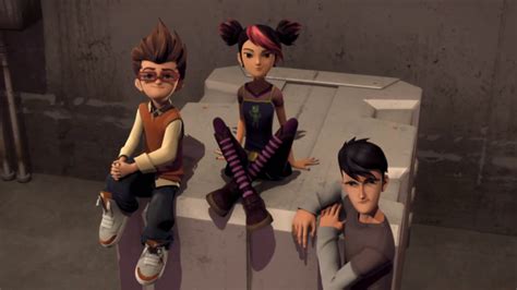 Three Animated People Sitting On Top Of A Cement Structure