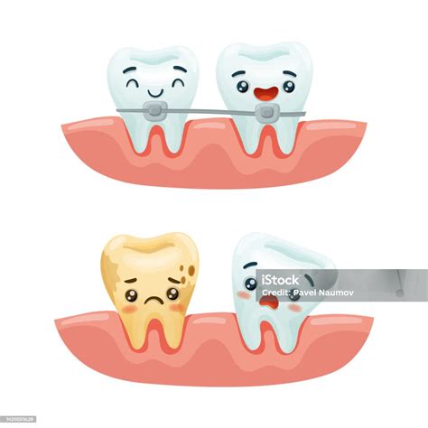 Ilustración De Cuidado Dental Con Lindo Y Divertido Personaje De Dientes Con Caries Y Aparatos