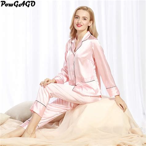 Womens Elegant Silk Satin Pajamas Set Spring Summer Long Sleeve Pajama Pyjamas Set Home Clothes