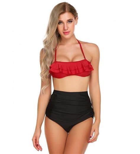 Womens Sexy Ruffles Lotus Leaf Off Shoulder Bikini Sets Swimsuits Beach Suits Black C CCWLOIR