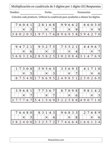 Multiplicaci N Con Apoyo De Cuadr Cula De D Gitos Por D Gito H