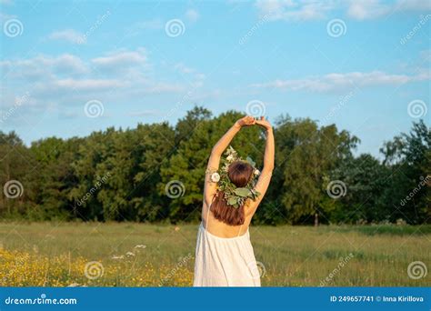 Beautiful Brunette Woman In Flower Wreath Summer Solstice Day