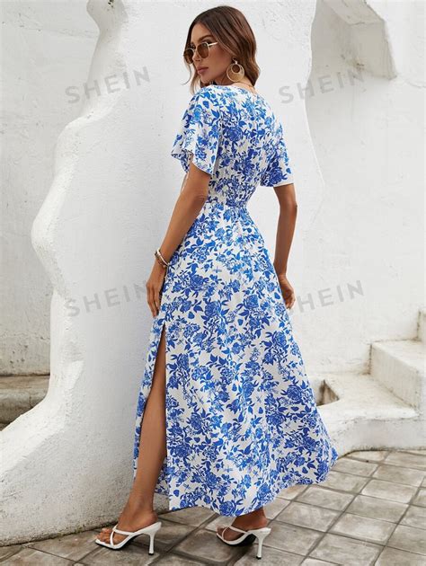 Shein Vcay Allover Floral Print Shirred Waist Butterfly Sleeve Split Thigh Dress Shein Usa