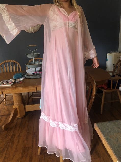 Vintage 50s Pink Sheer Long Nightgown Nylon Chiffon N Gem