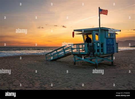 Santa Monica USA A Lifeguard Tower At Sunset American Flag