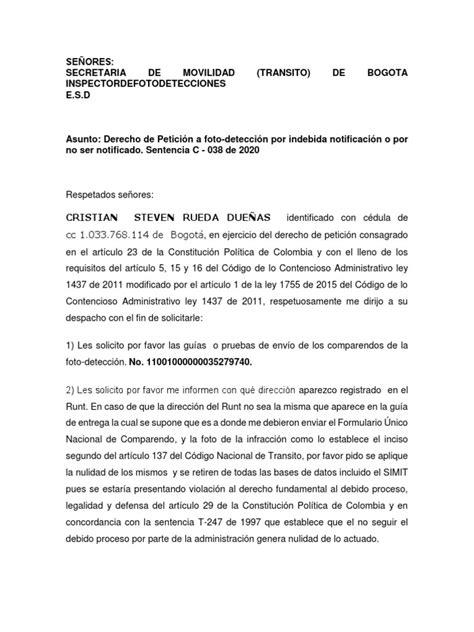 Derecho De Peticion Cristian Steven Dueñas Comparendo C038 Pdf Pdf