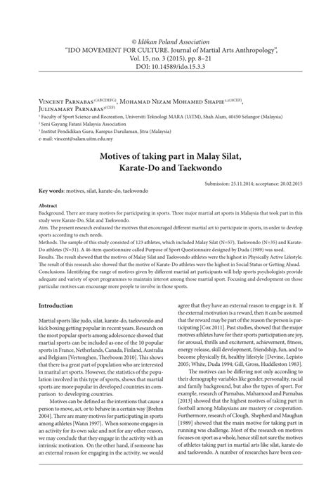 Pdf Motives Of Taking Part In Malay Silat Karate Do And Taekwondo