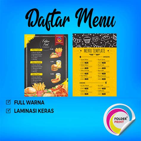 Cetak Daftar Menu 2 Sisi Custom Desain Harga Menu Makanan Minuman