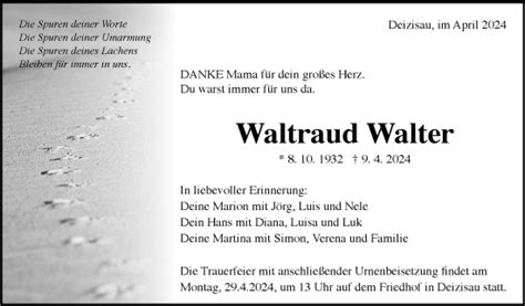 Traueranzeigen Von Waltraud Walter Zeit Des Gedenkens De