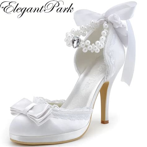 Woman Wedding Shoes Ivory White Closed Toe High Heel Ankle Strap Bow