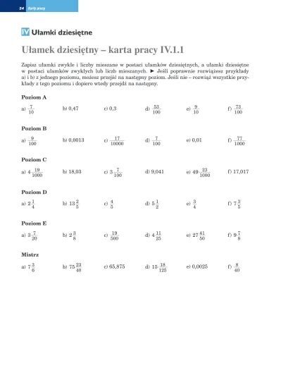 Dodawanie i odejmowanie ułamków dziesitnych karta pracy IV 2 1