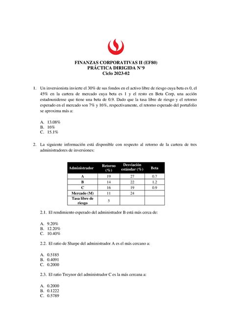 PD N 09 Hoja de preguntas FINANZAS CORPORATIVAS II EF80 PRÁCTICA