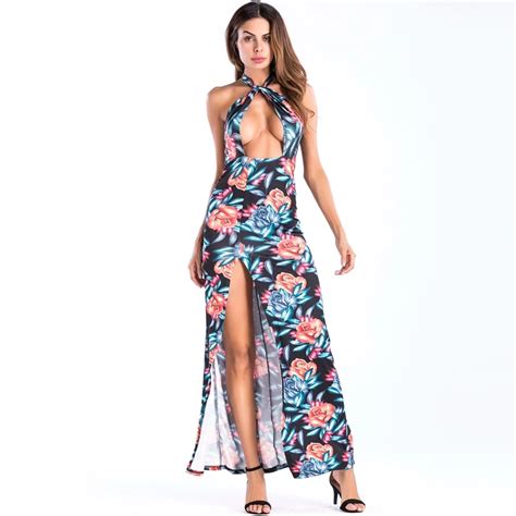 Yilia Sexy Hollow Out Halter Side Split Maxi Party Dress Women