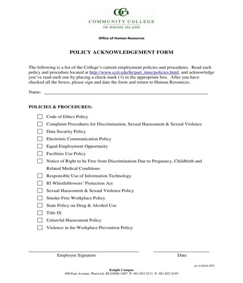 Policy Acknowledgement Form Template