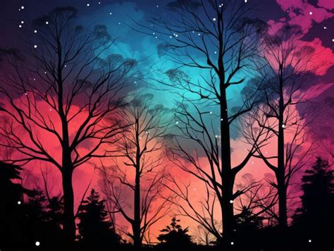 Una Pintura De Rboles En El Bosque Por La Noche Con Un Cielo Colorido