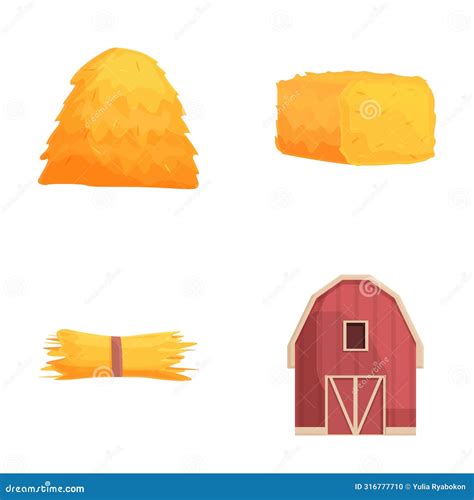 Hayloft Icons Set Cartoon Vector Bale And Stack Of Dry Hay And Storage