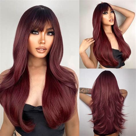 7jhh Wigs Long Straight Wigs With Curtain Bangsburgundy Layered Wig For Women