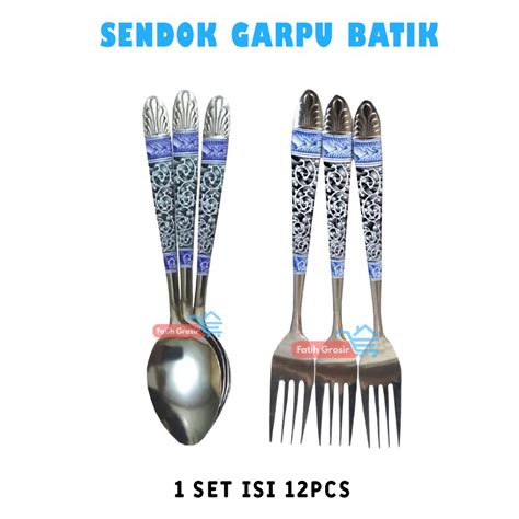 Jual Sendok Dan Garpu Makan Stainless Motif Batik Biru Lusinan 1 Set