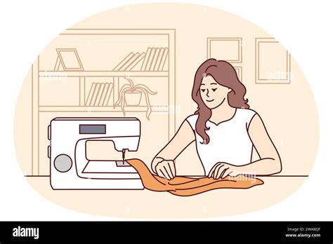 Happy Young Woman Sit At Table Sew On Machine At Home Smiling Female