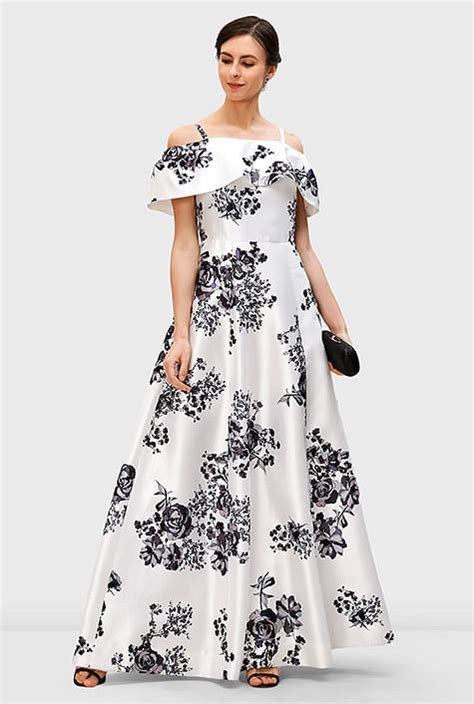 Shop Off The Shoulder Floral Lace Print Dupioni Maxi Dress EShakti